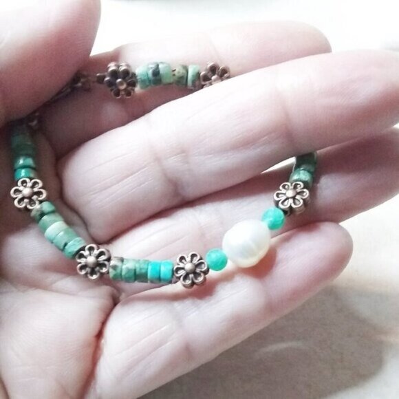 Green Sea Sediment Jasper + Copper Flowers + Real Pearl - Dainty Girly Tomboys - Picture 5 of 7